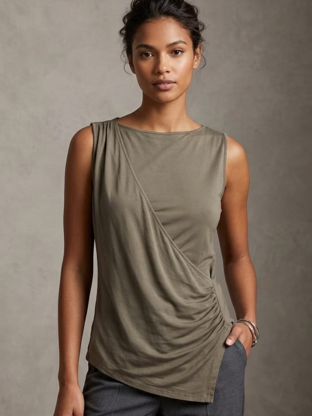 Sarah Pacini Lagenlook Assymetric Sleeveless Top Medium Olive Green with Texture